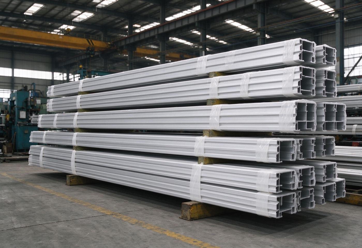 aluminum extrusion profiles stacked with white protective film