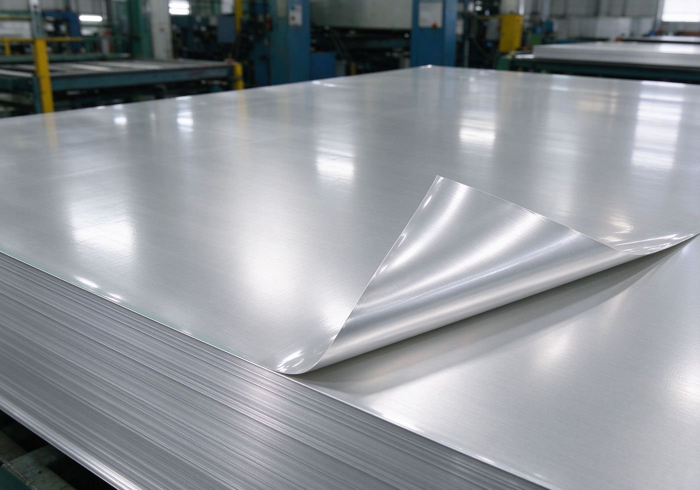 protective film on brushed aluminum sheet with corner lifted showing finish