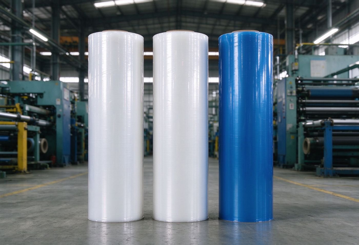 three rolls of PE PET and PVC surface protective film in different colors