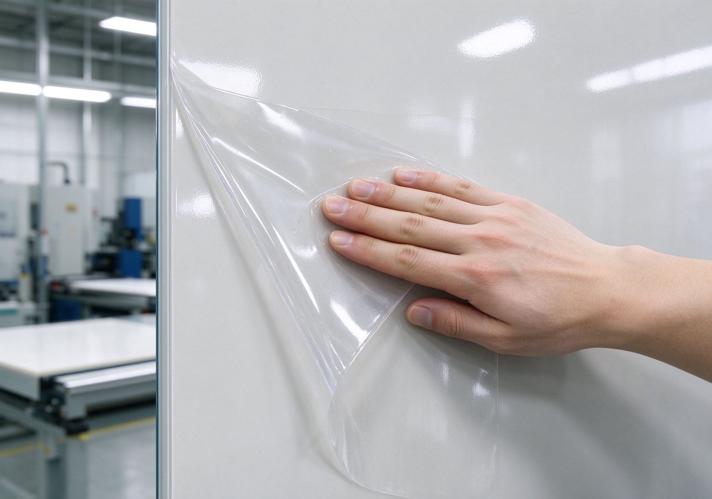 transparent protective film being applied on glossy finished panel surface
