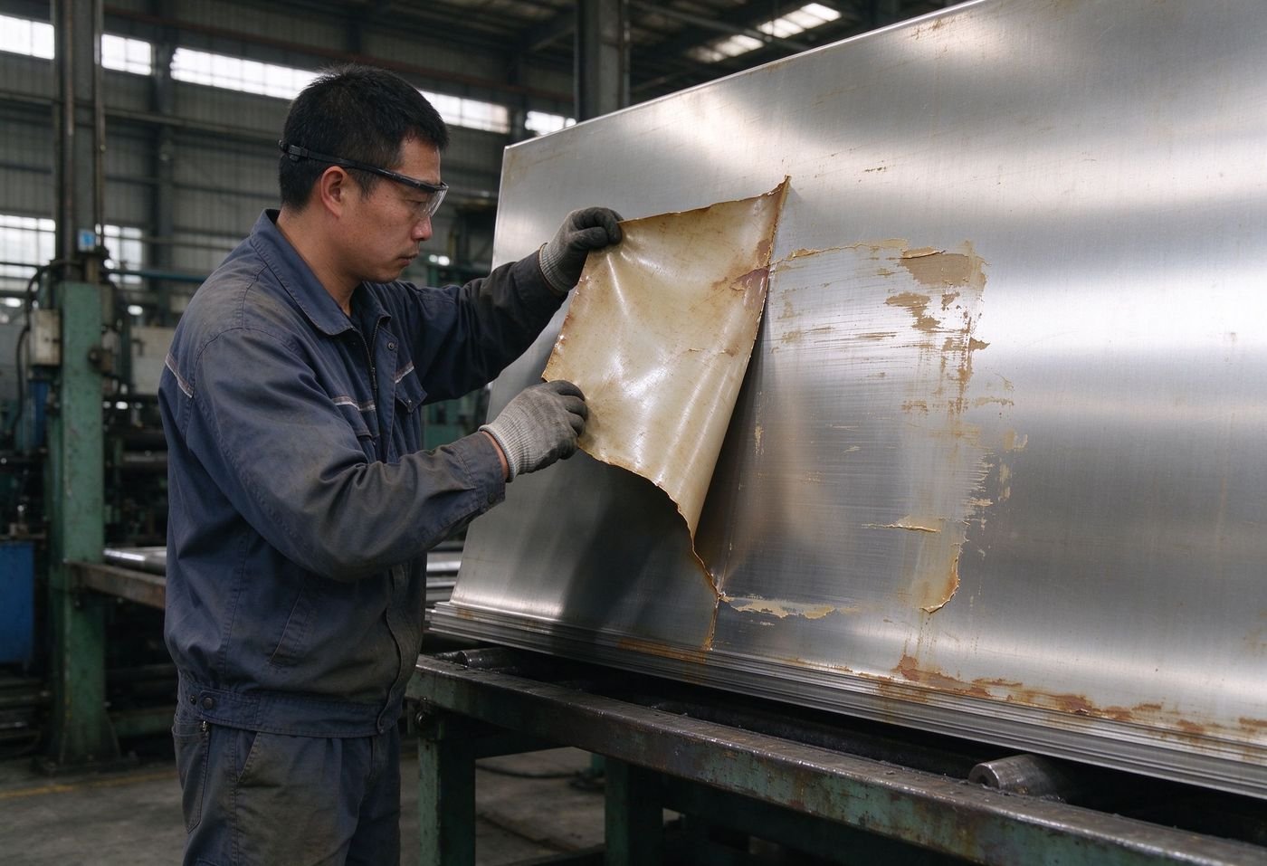 worker peeling aged protective film from stainless steel sheet showing residue
