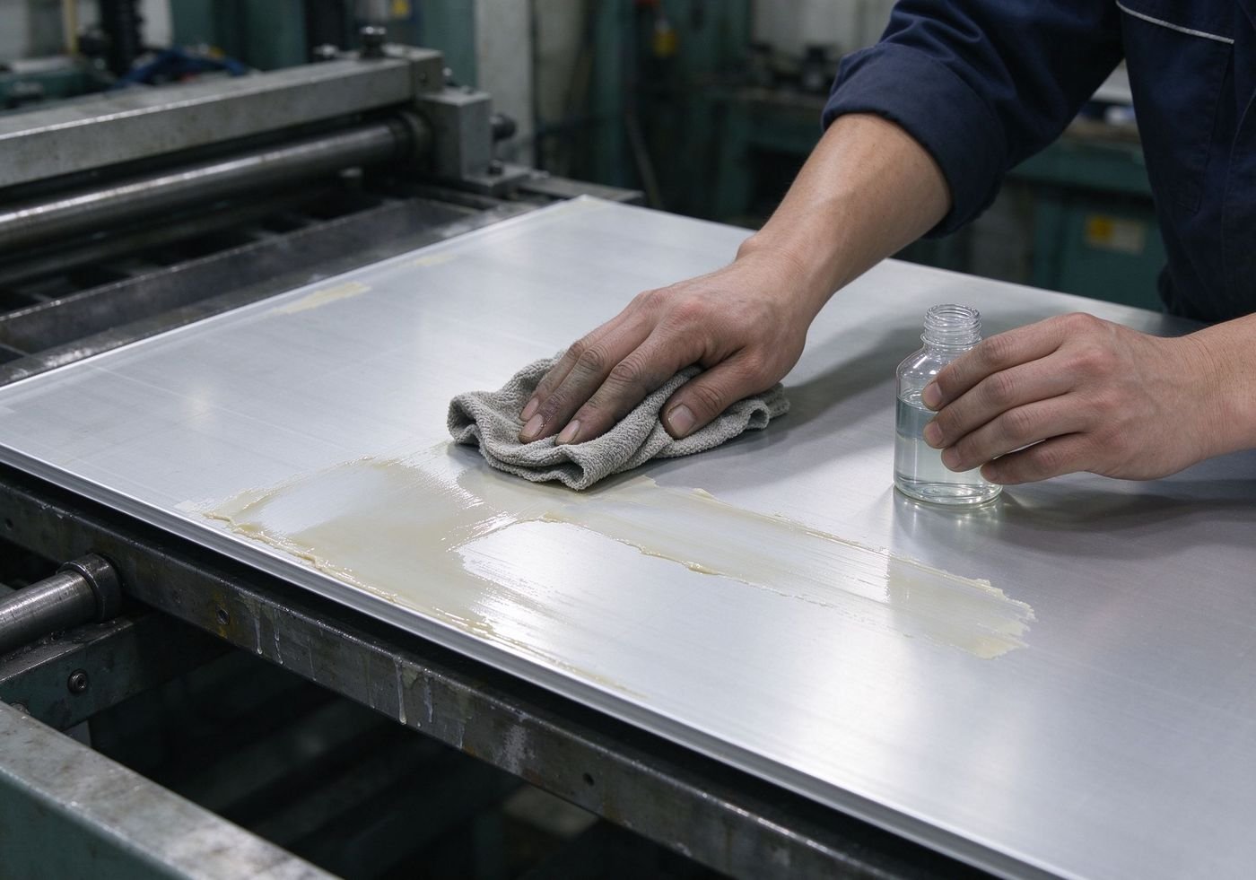 cleaning adhesive residue from aluminum sheet surface with cloth and solvent