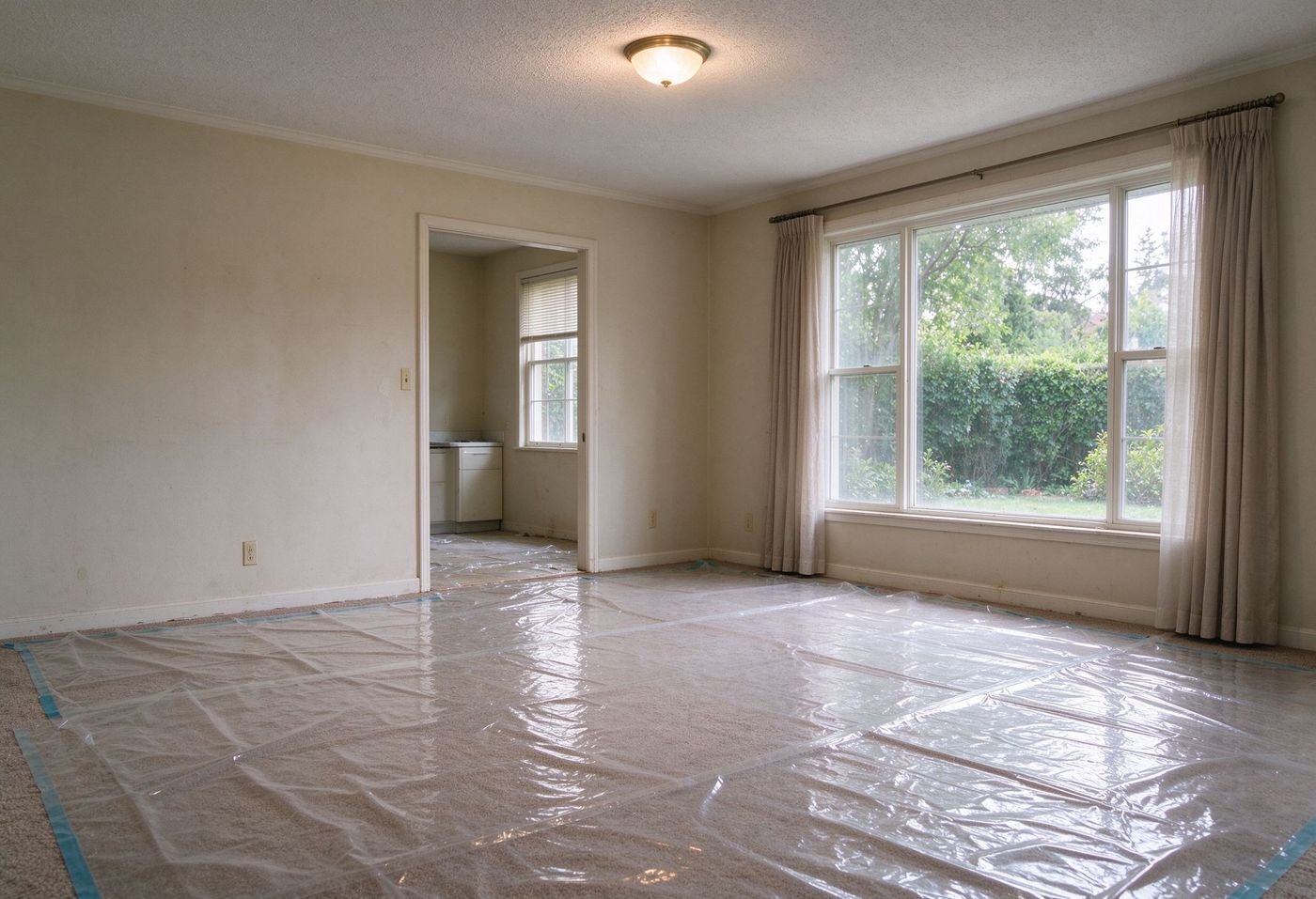 carpeted floor fully covered with transparent carpet protection film during renovation