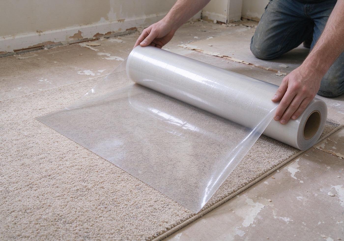 worker unrolling transparent carpet protection film onto carpet