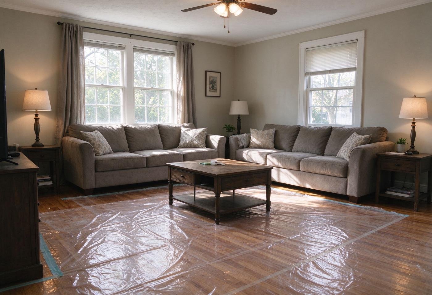 hardwood floor covered with clear floor protection film during renovation