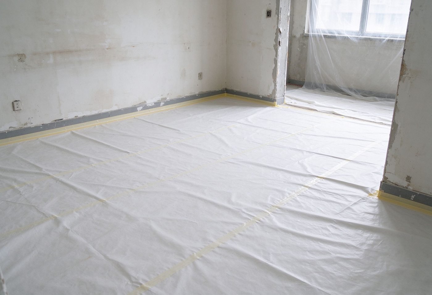 floor protection film covering renovation floor with masking tape on baseboard edge