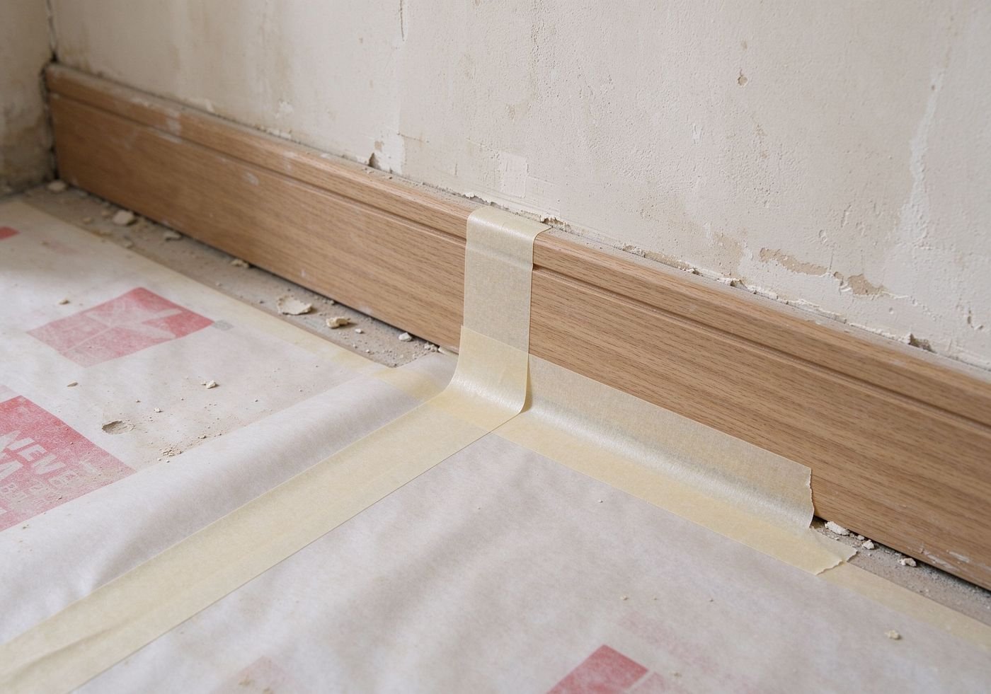 low-tack masking tape applied on skirting board edge next to floor protection film