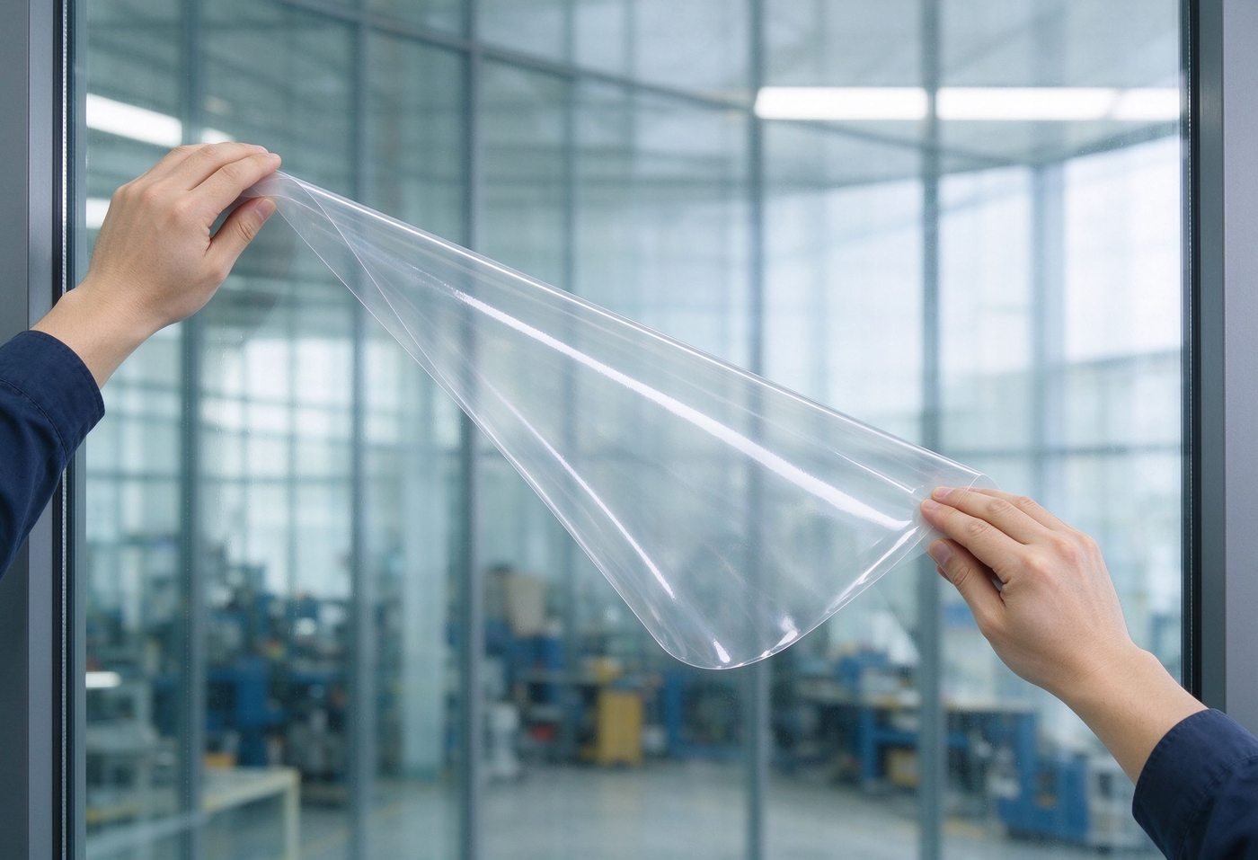 static cling protective film applied on glass window surface