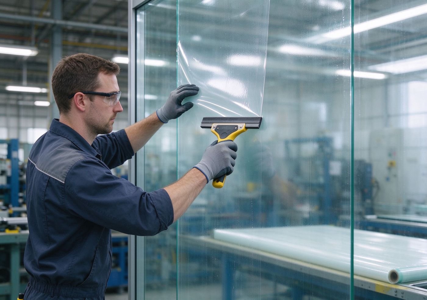 worker applying static cling film on glass panel with squeegee