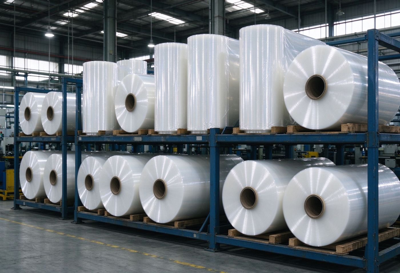 PET protective film rolls in electronics factory warehouse