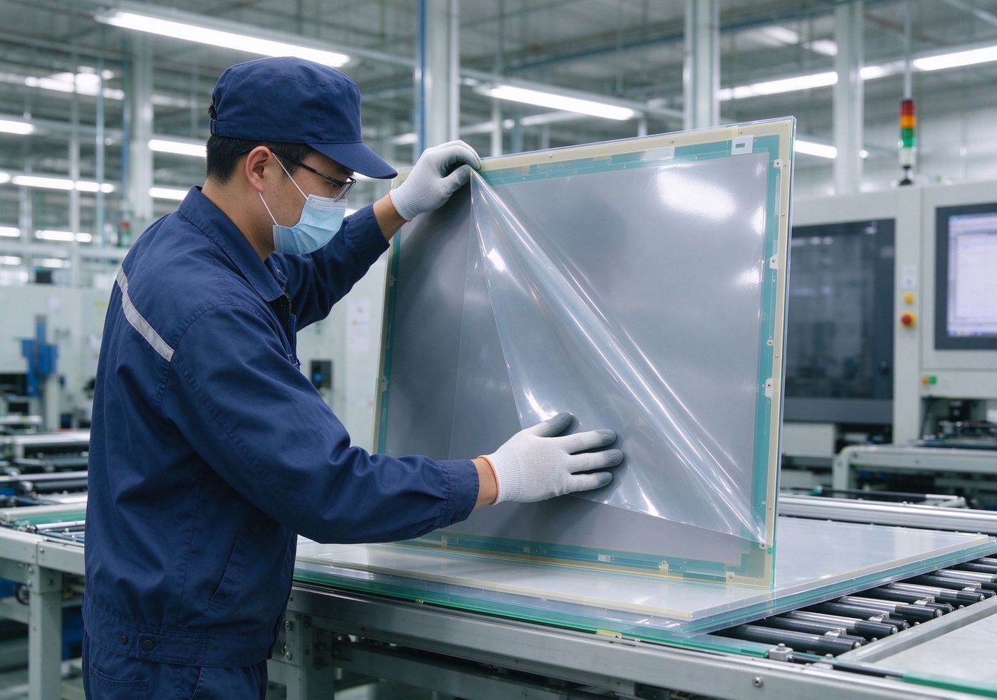 worker applying PET protective film on display panel