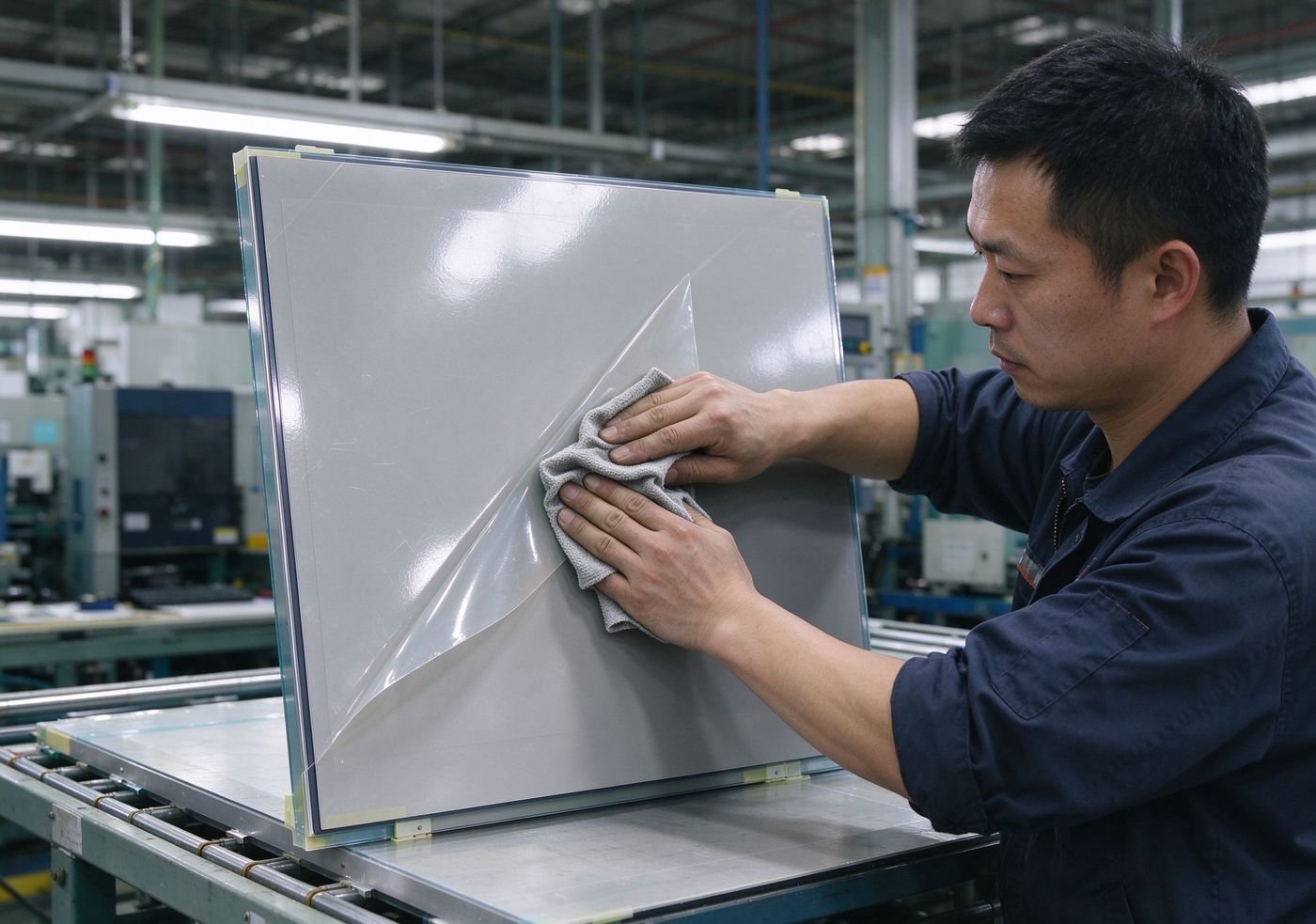 worker applying anti-scratch protective film on display panel