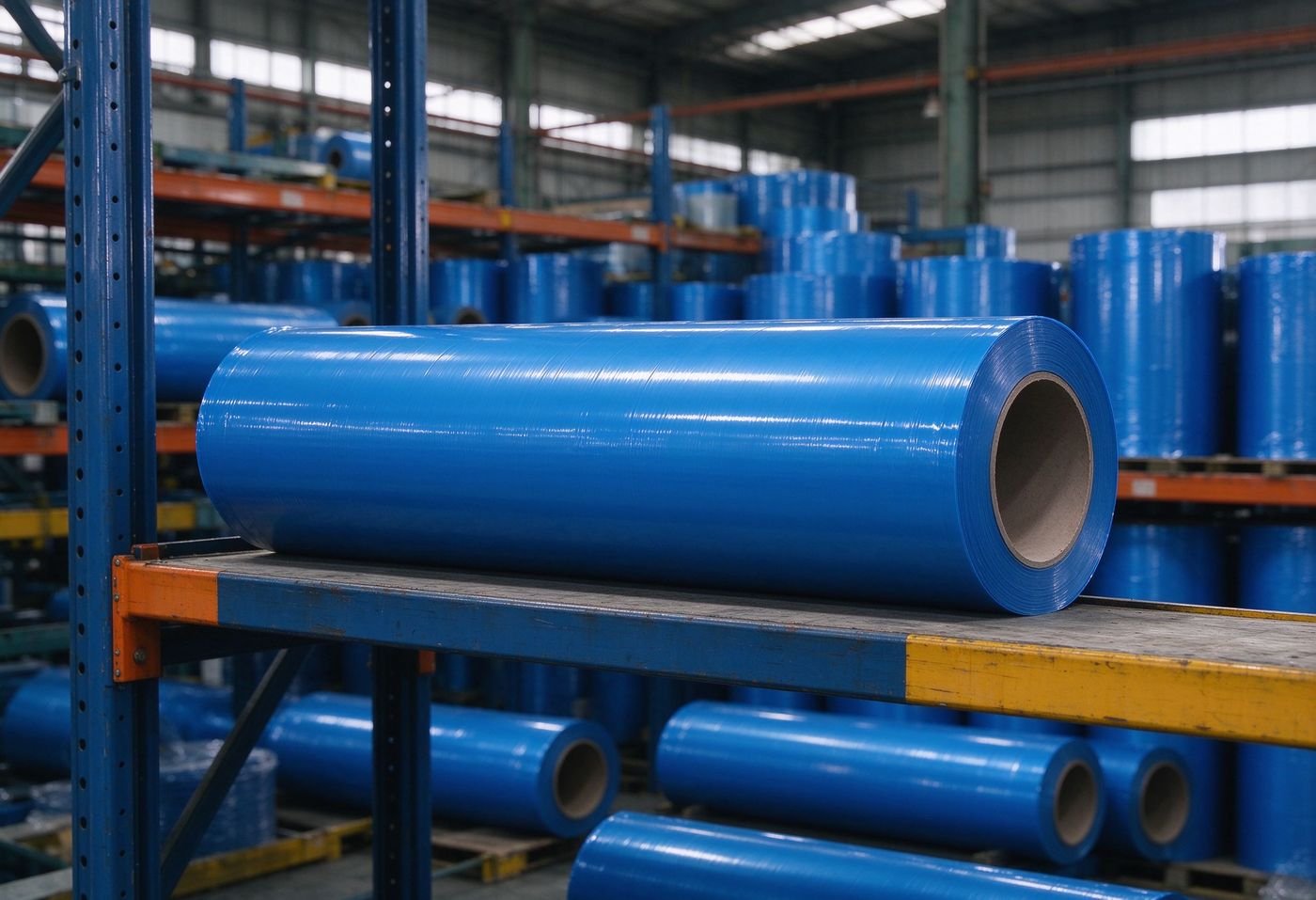 blue masking film rolls stored in industrial warehouse