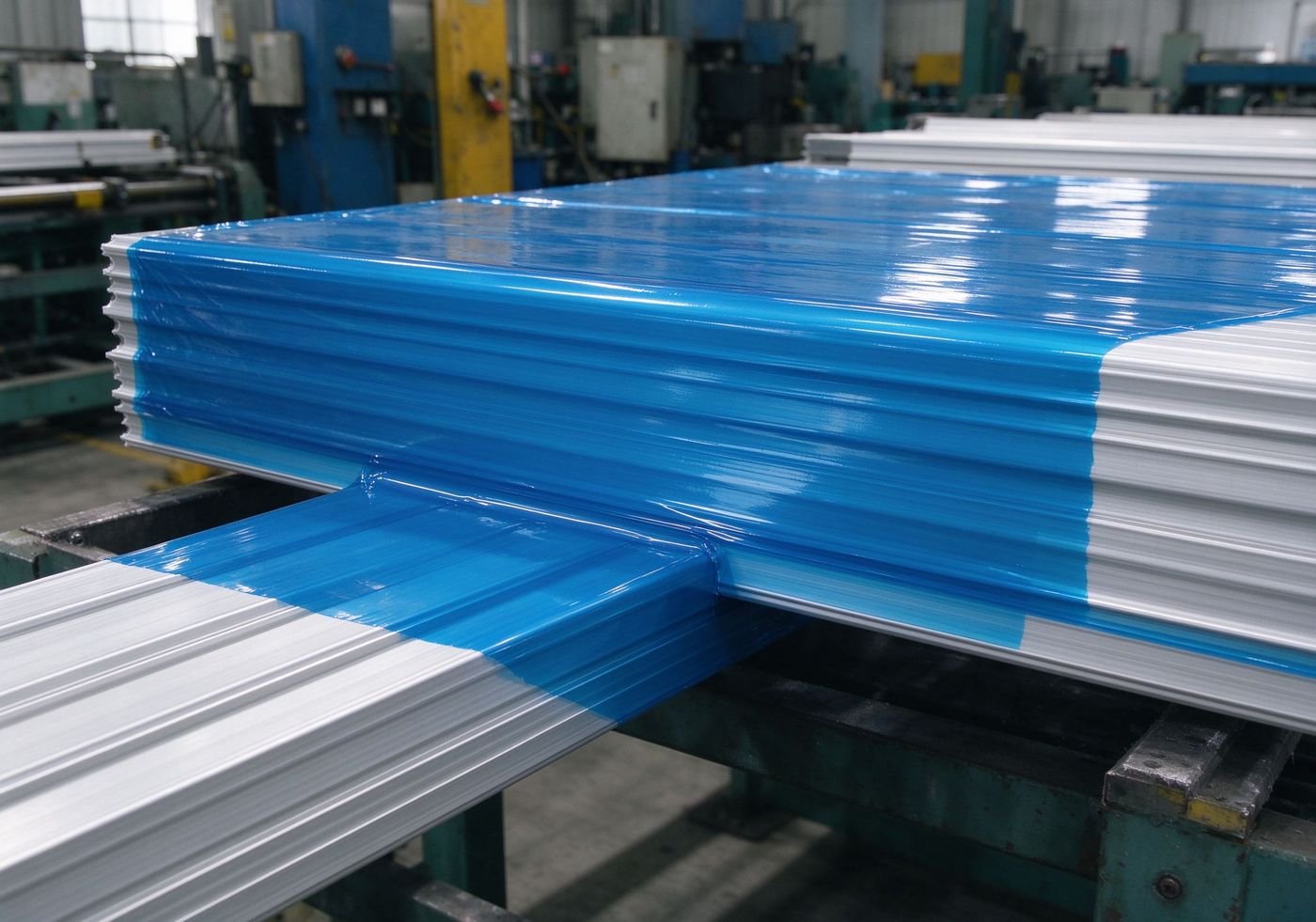 blue masking film applied on aluminum profile surface