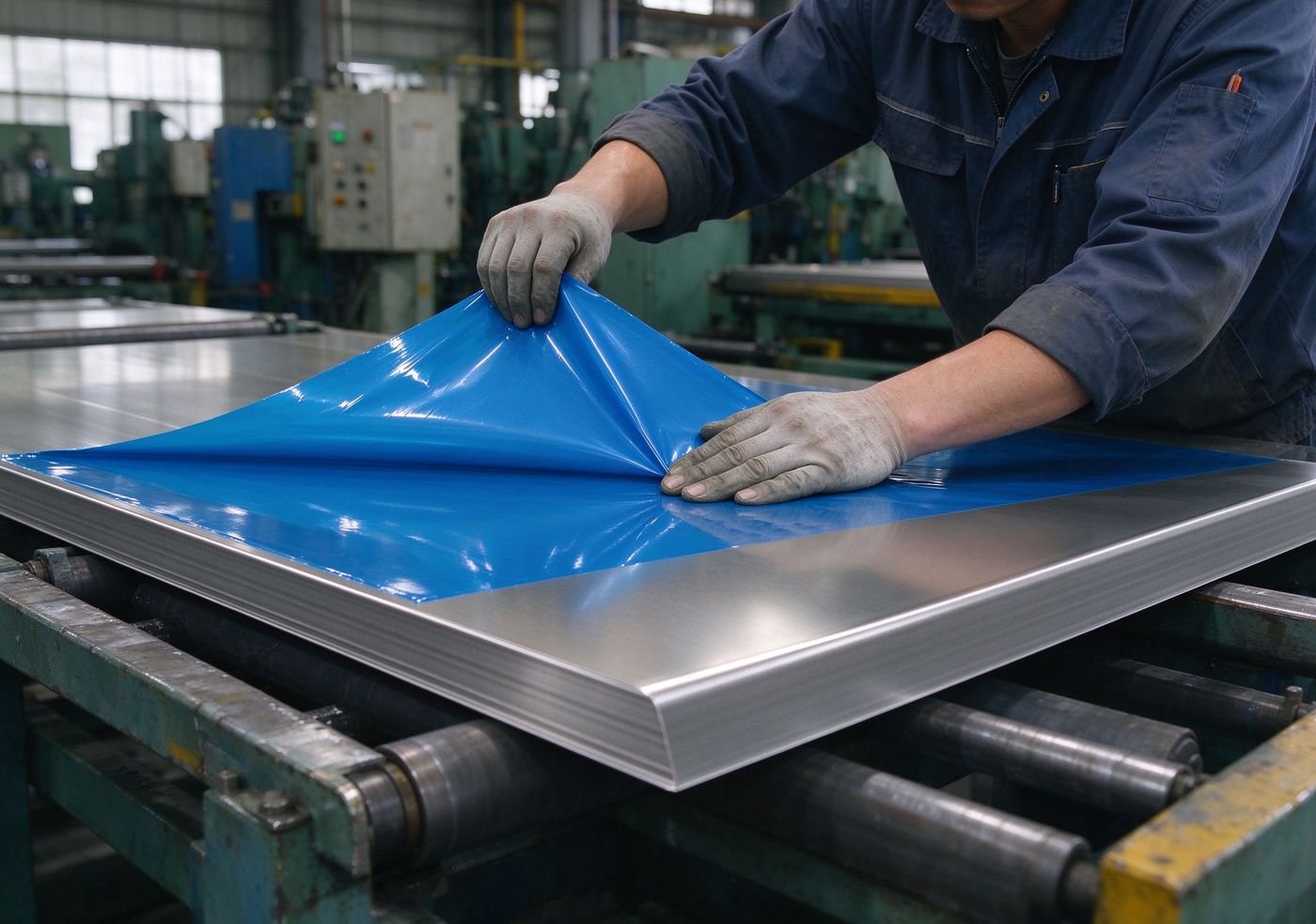 worker applying blue masking film on metal sheet