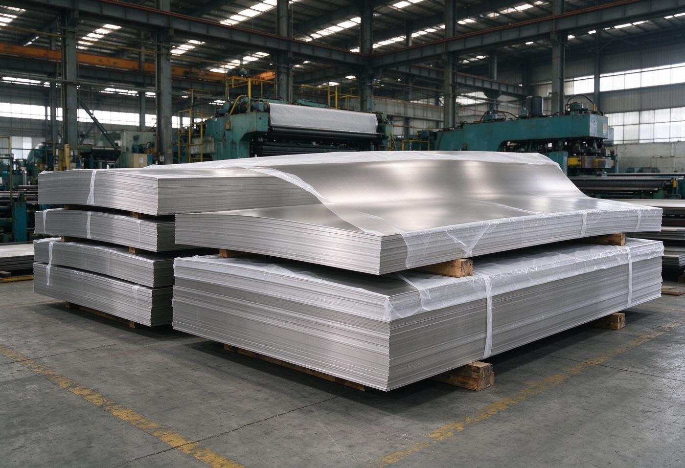stainless steel sheets with protective film in metal processing factory