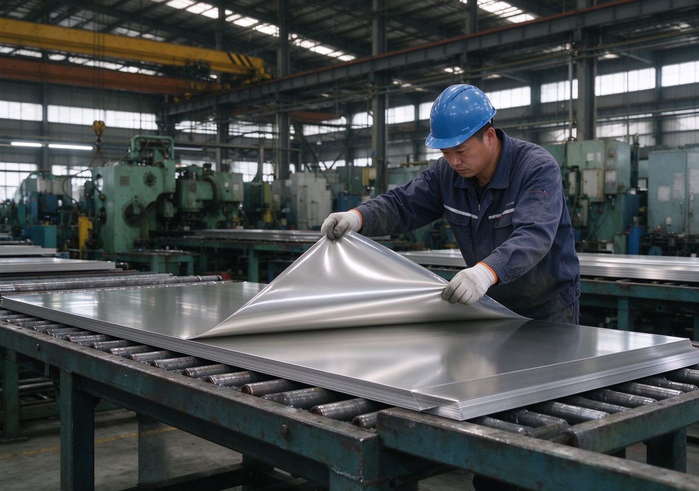 worker applying protective film on stainless steel sheet