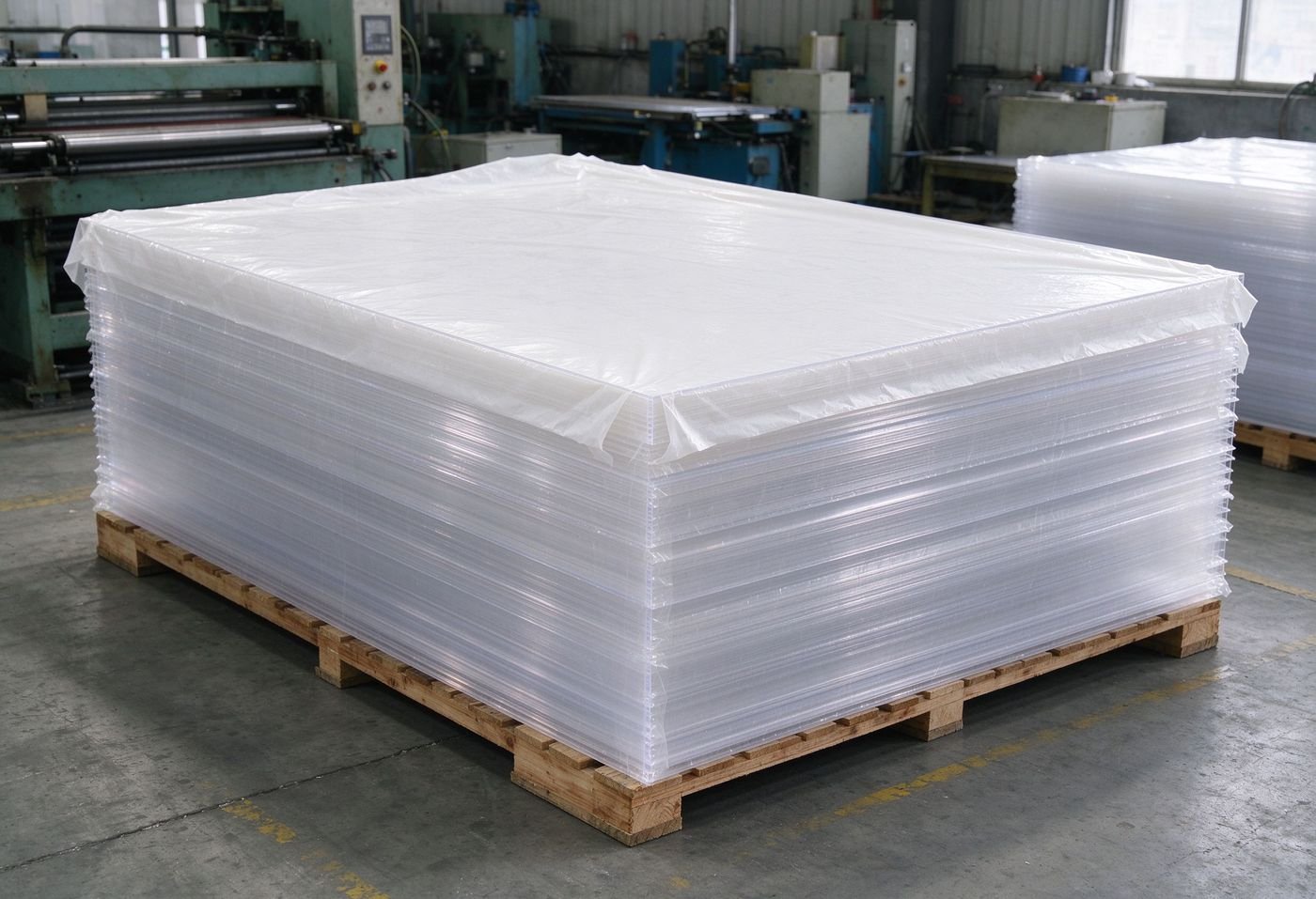 acrylic sheets with protective film stacked in plastics workshop