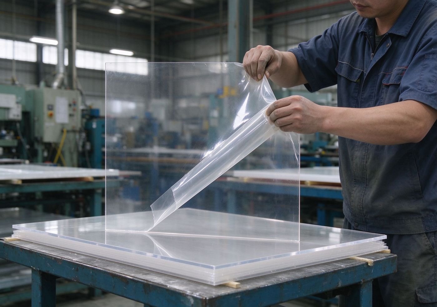 worker removing protective film from acrylic sheet during fabrication