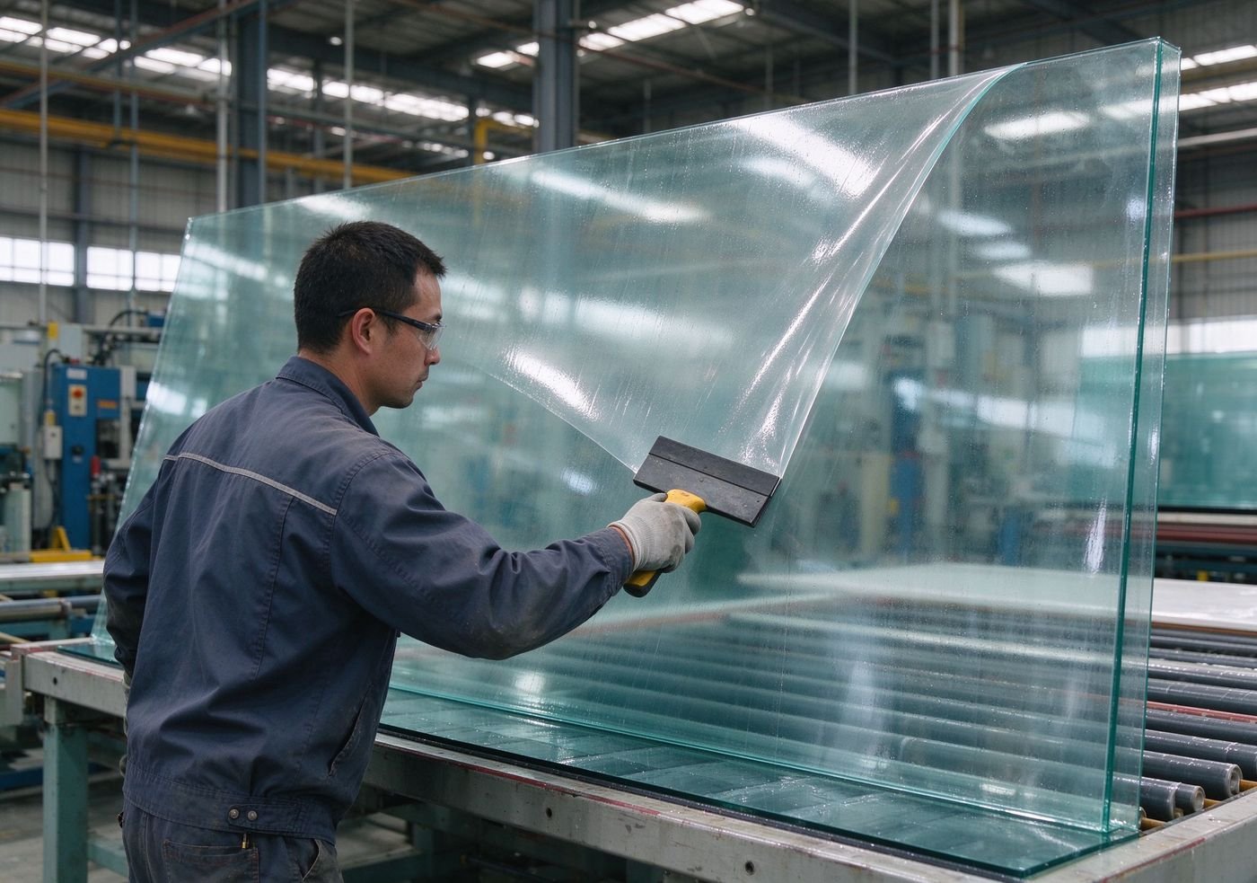 worker applying protective film on glass sheet with squeegee
