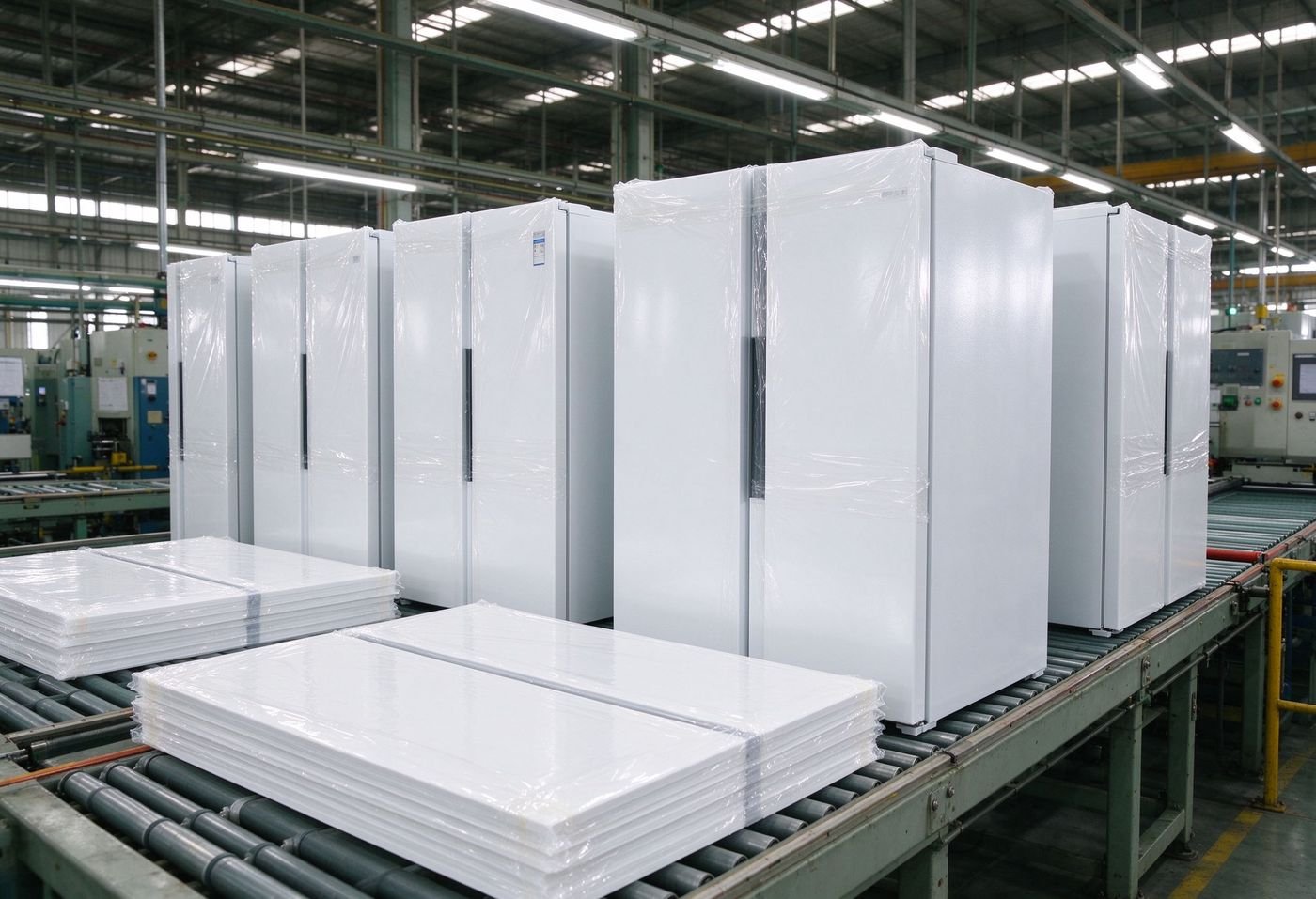 refrigerator panels with protective film on appliance production line