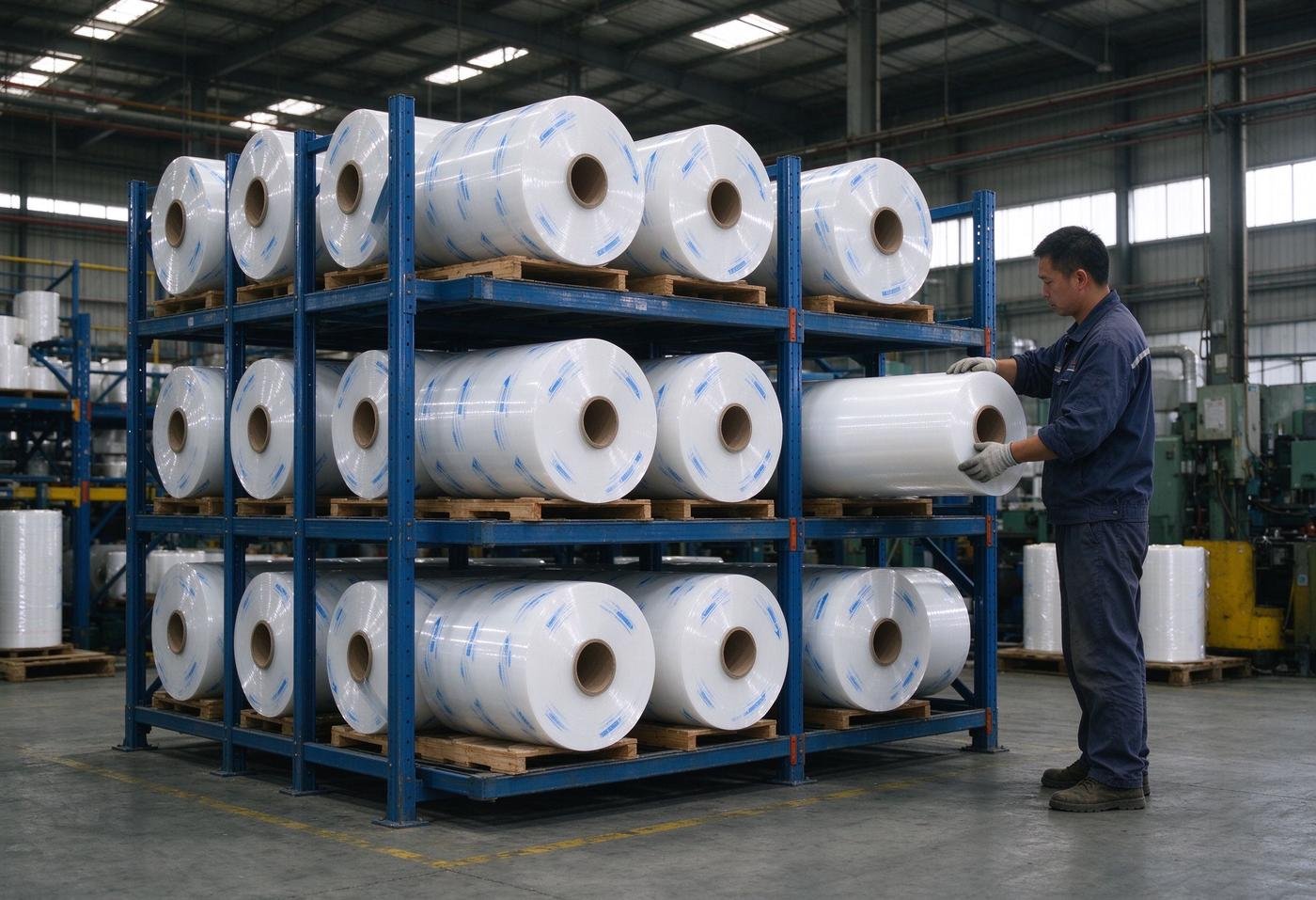 surface protective film rolls stacked in factory warehouse
