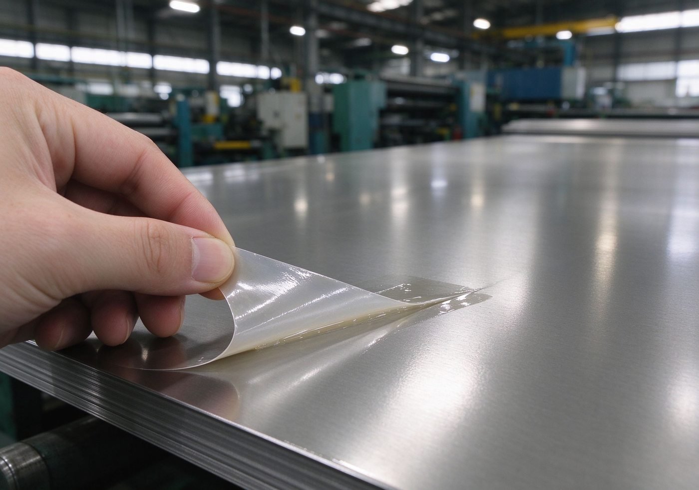 hand peeling protective film from metal sheet to test adhesion level
