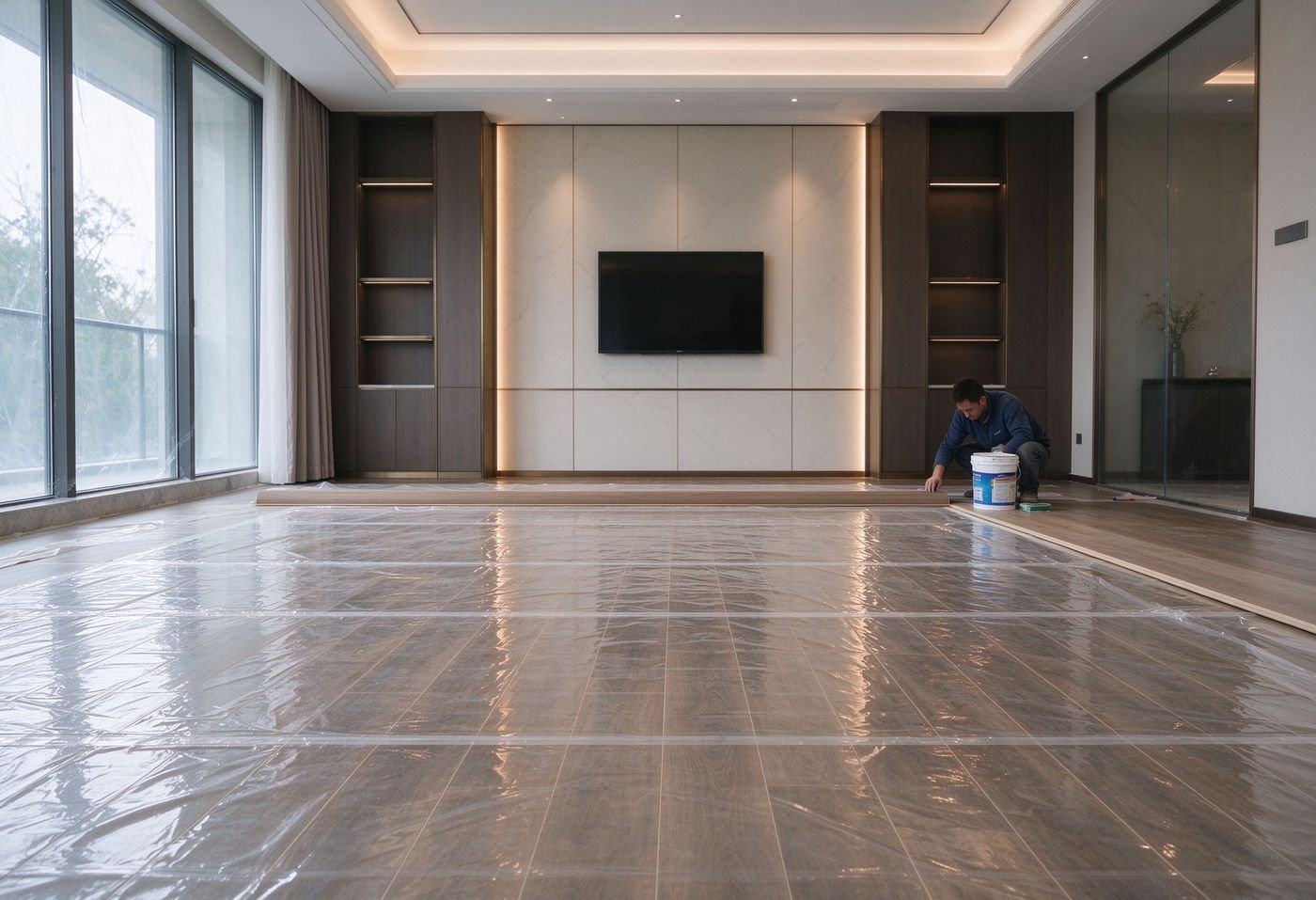 protective film covering luxury vinyl tile floor during installation