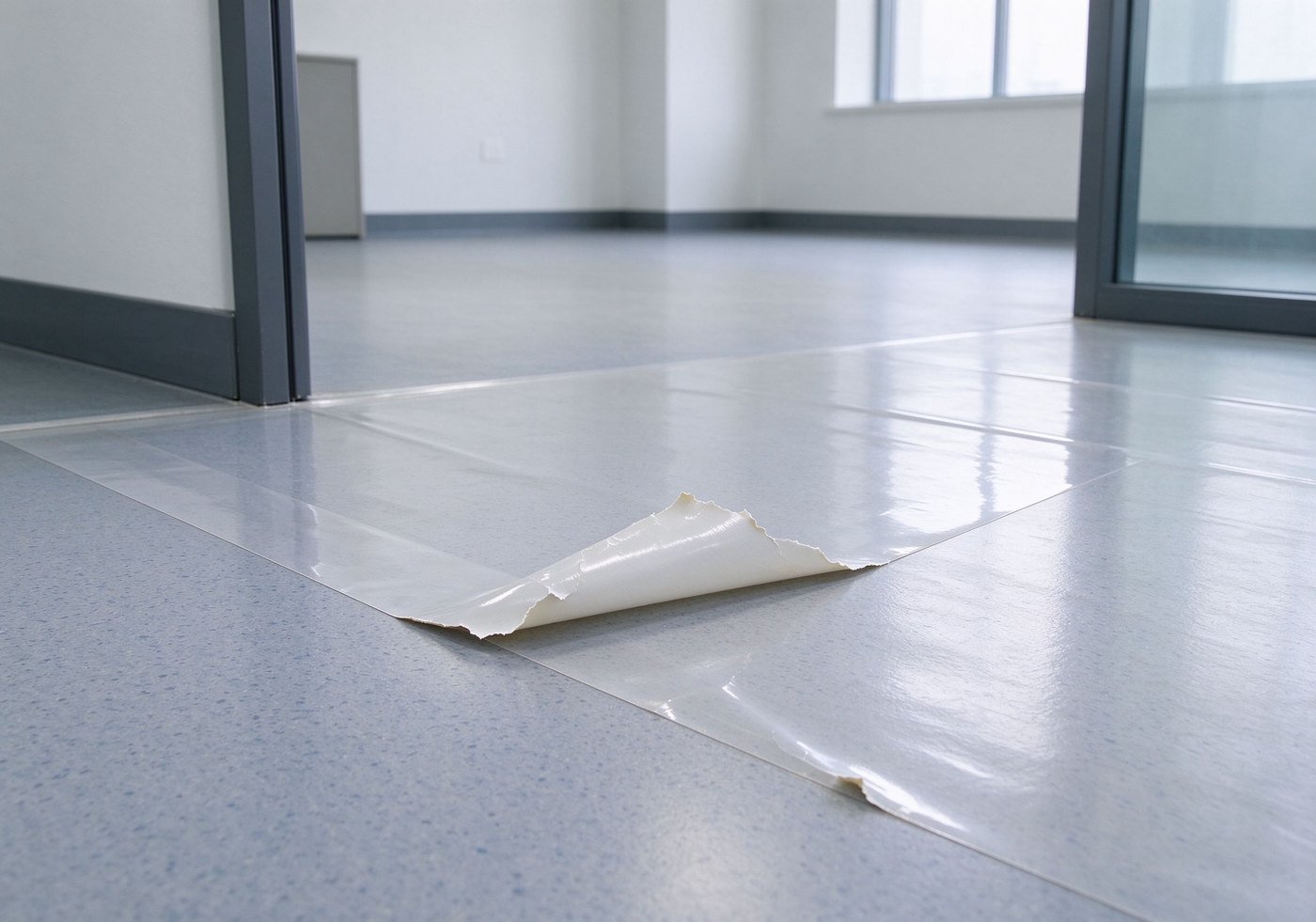 self-adhesive PVC floor protection film applied on vinyl plank flooring