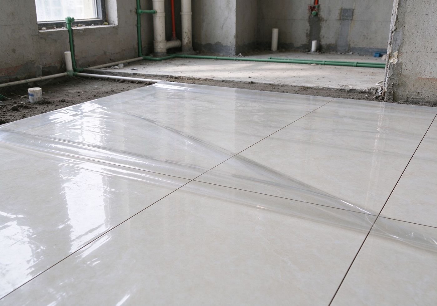 transparent floor protection film applied on porcelain tile with visible grout lines