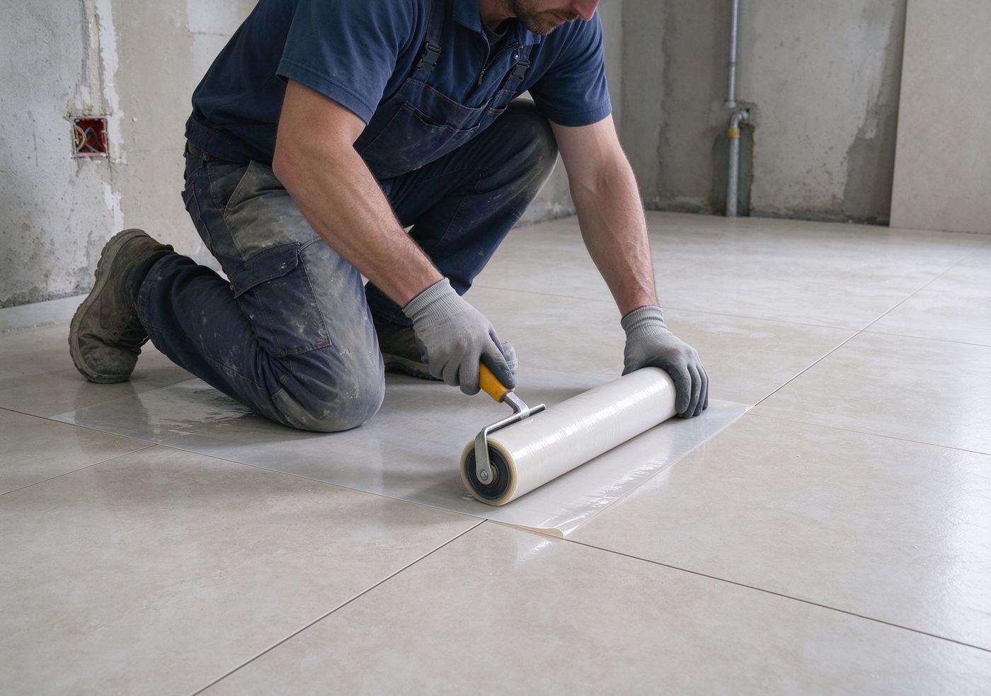 worker applying floor protection film on tile floor with roller