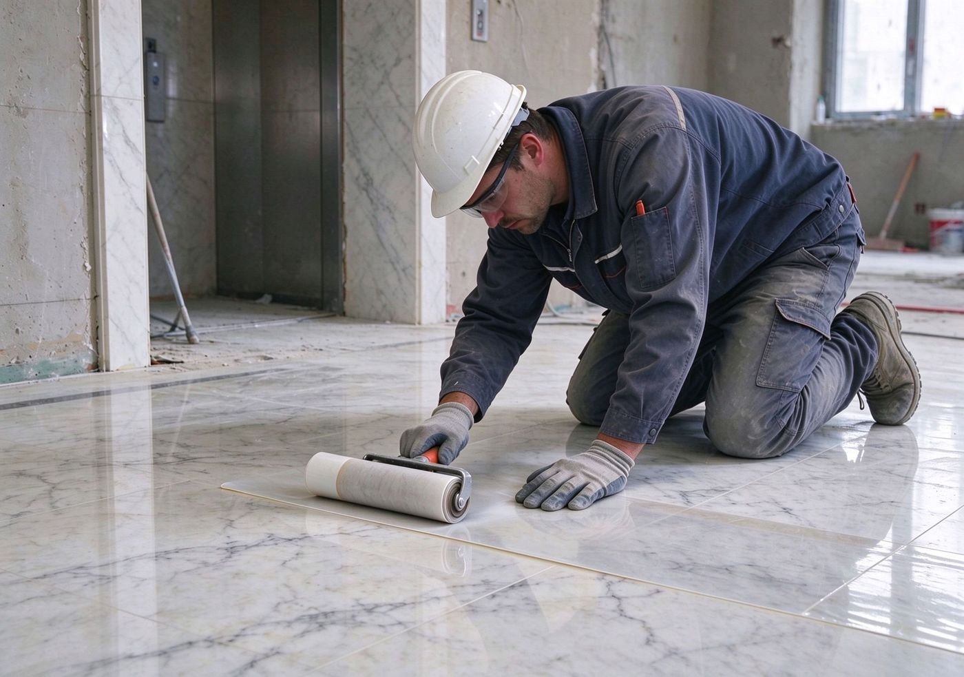 marble floor protection film covering polished stone during renovation