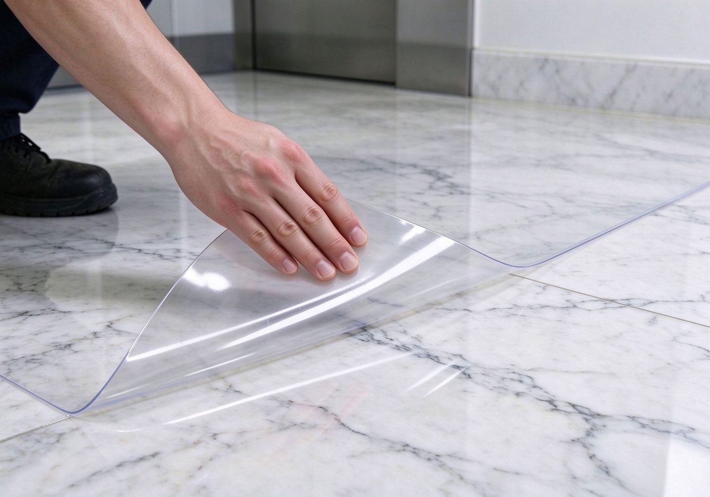 self-adhesive stone protection film applied on polished marble surface