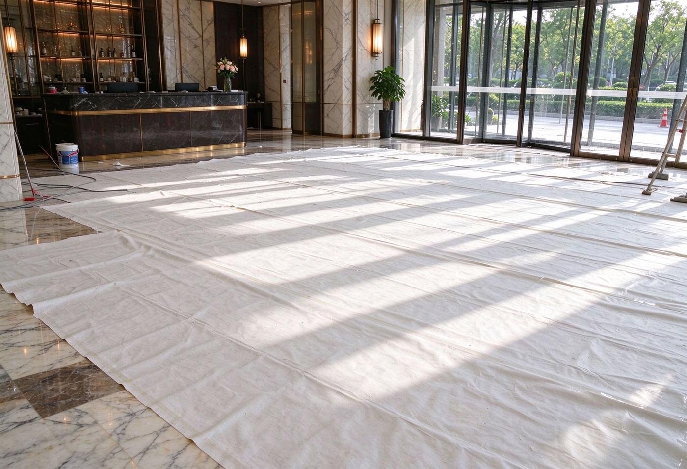worker applying temporary stone floor protection film on marble