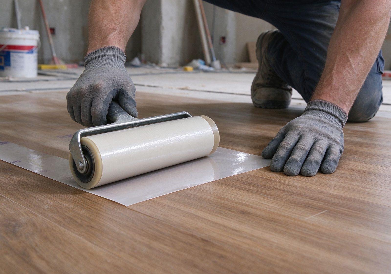 worker applying temporary floor protection film with roller