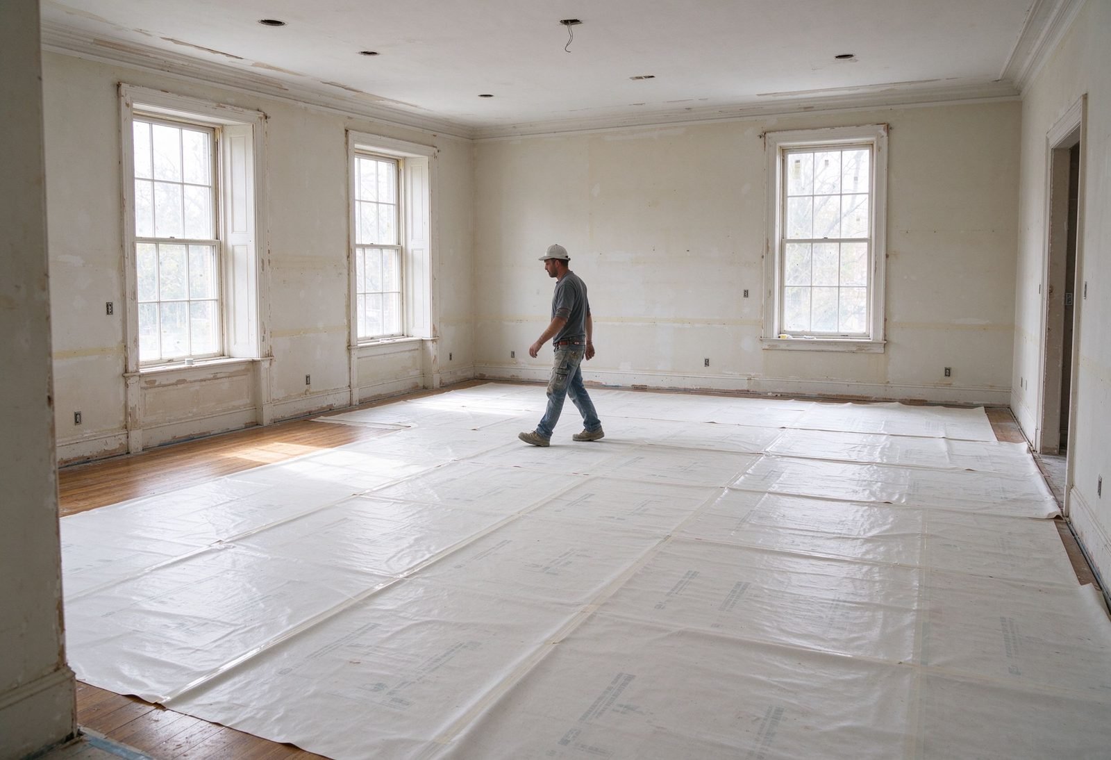 heavy-duty floor protection film covering hardwood floor during renovation