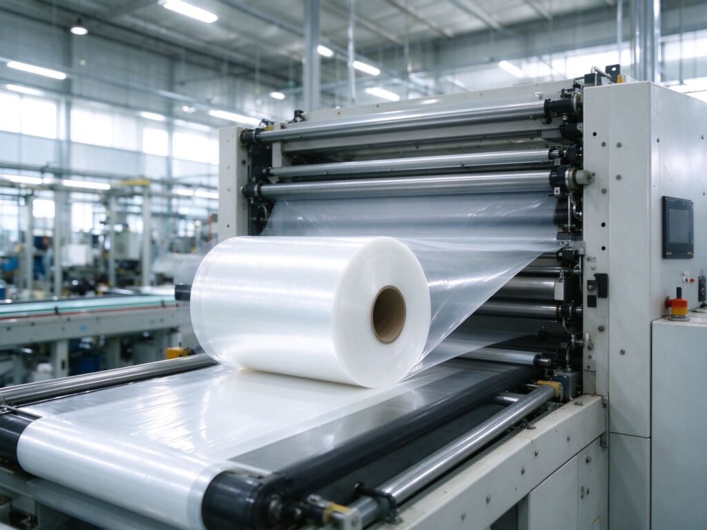 PE shrink film roll being slit and rewound on packaging machine