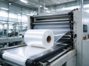 PE shrink film roll being slit and rewound on packaging machine