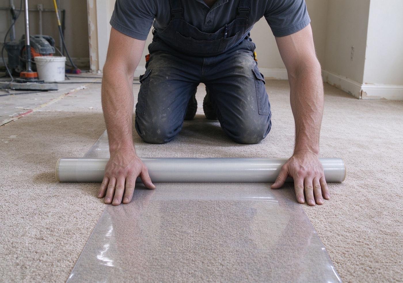 worker unrolling carpet protection film onto carpeted floor during renovation