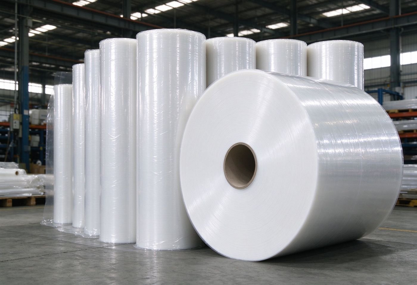 rolls of transparent carpet protection film in factory warehouse