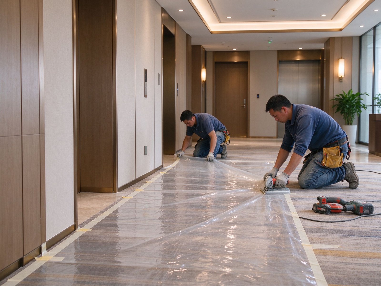Contratistas colocando película protectora para alfombras en pasillo comercial durante renovación