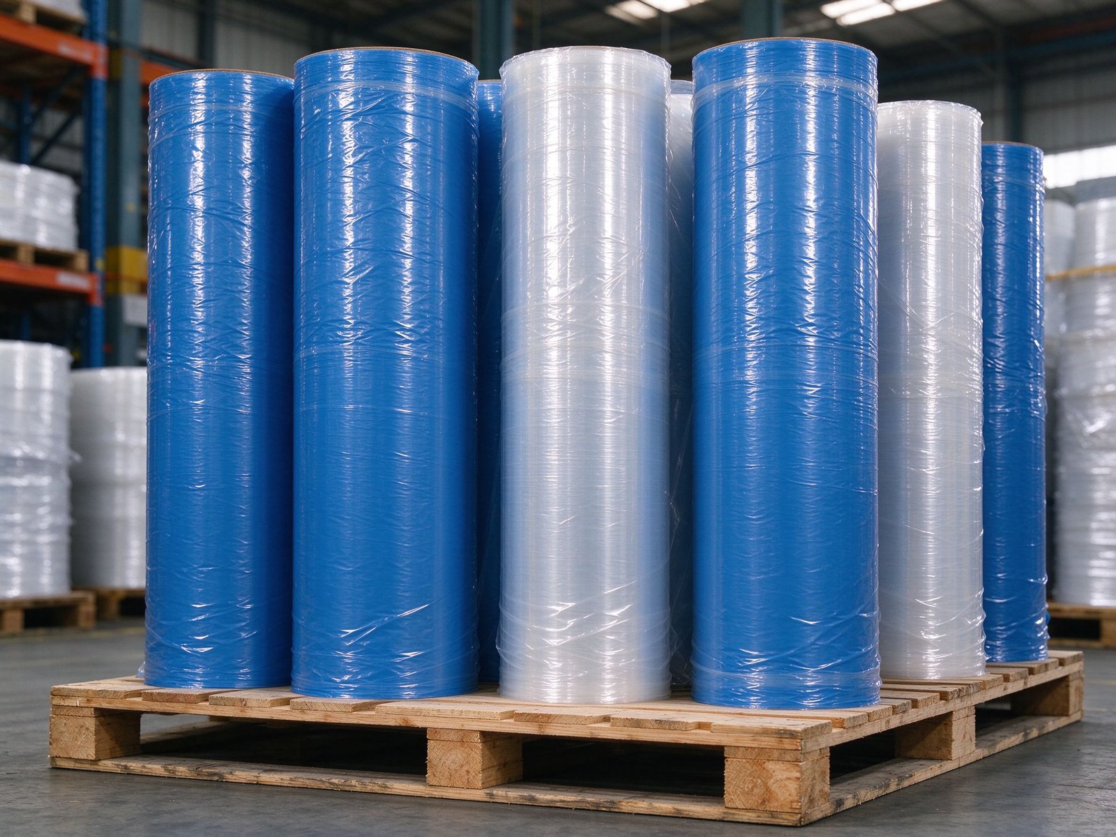 Rollos de película protectora para alfombras en almacén, película PE azul y transparente
