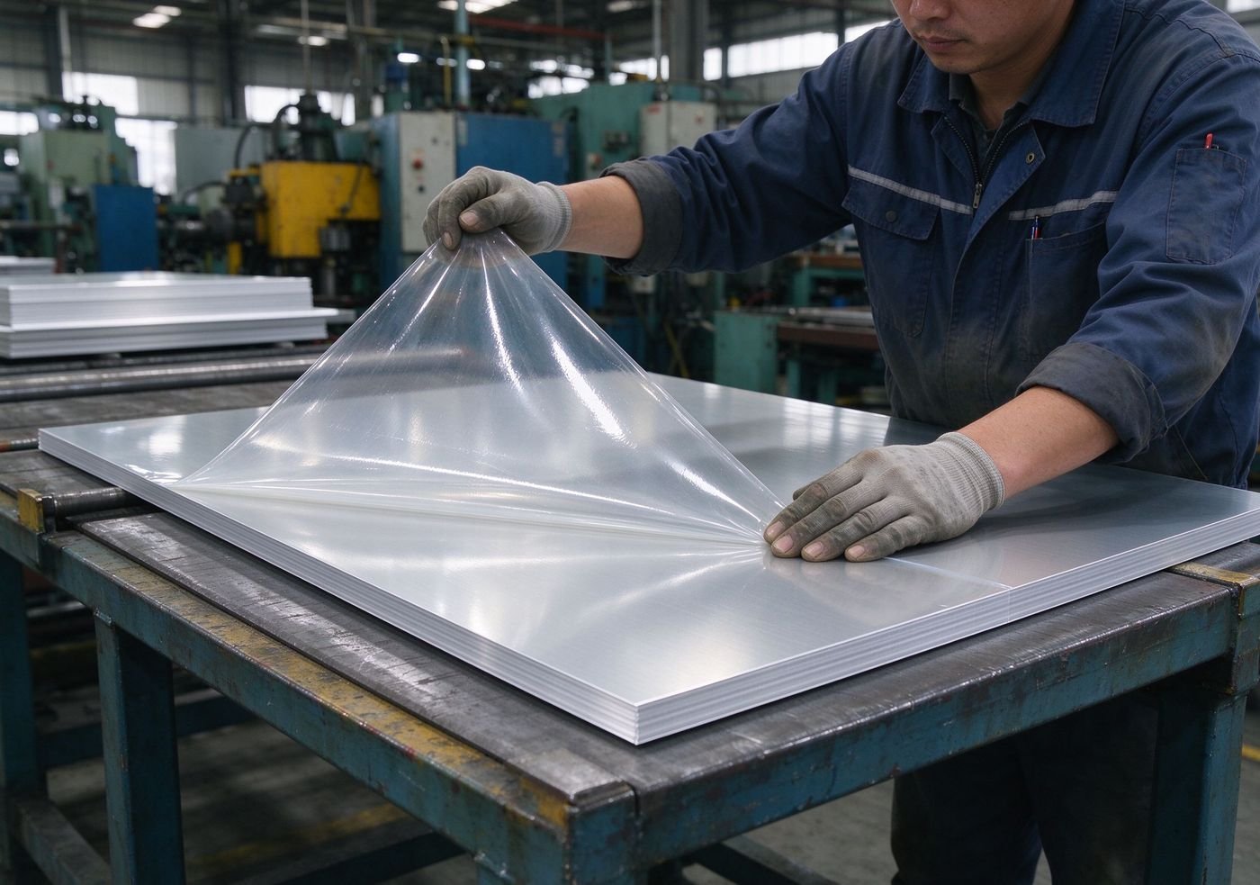 worker applying surface protective film on aluminum sheet
