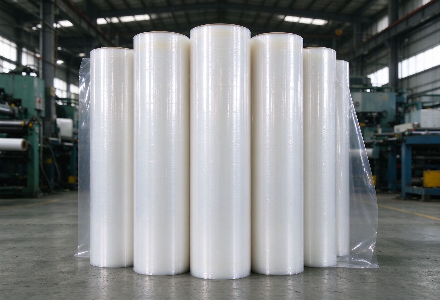 rolls of transparent surface protective film in factory warehouse
